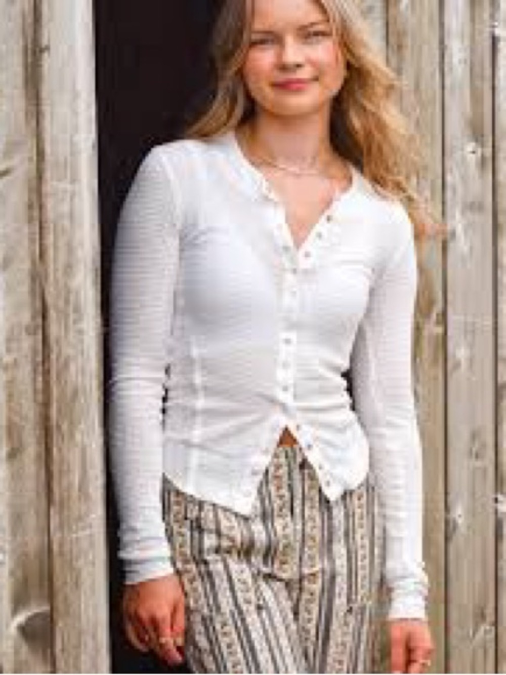 Free People White Ribbed Button-Front Henley Top 722